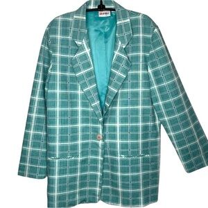 Units USA Aqua Blue Plaid Print Oversized Boyfriend Blazer Size S Lightweight